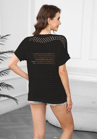 Zyyfly Women's Crochet Tops Summer Hollow Out Knit Lightweight Short Sleeve Sweater Beach Cover Up in Saudi Arabia