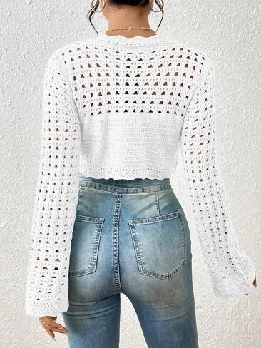 كروشيه للسيدات سبيونات محصول خفيفة الوزن الصيف بوهو قمم طويلة الأكمام جوفاء in Kuwait