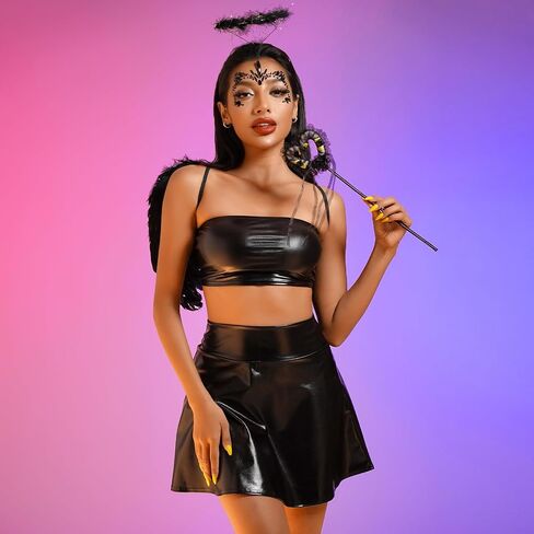 IMEKIS Women Angel Devil Costumes Halloween Dress Up Outfit Wings Halo Headband Wand Devil Horn Pitchfork Tail Cosplay Set in Saudi Arabia