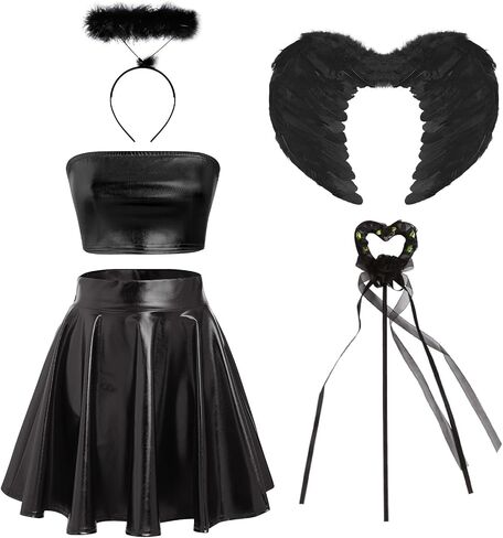IMEKIS Women Angel Devil Costumes Halloween Dress Up Outfit Wings Halo Headband Wand Devil Horn Pitchfork Tail Cosplay Set in Saudi Arabia