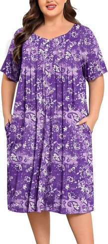 SWOMOG Women Plus Size House Dress Floral Print Nightgown for Women Button Sleepwear Mumu Dress with Pockets 18W-26W in Saudi Arabia