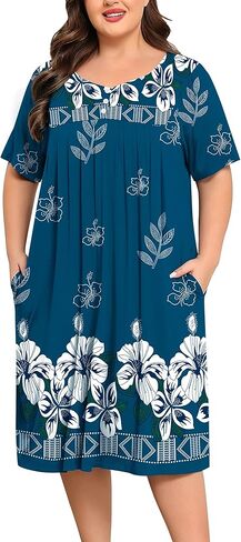 SWOMOG Women Plus Size House Dress Floral Print Nightgown for Women Button Sleepwear Mumu Dress with Pockets 18W-26W in Kuwait