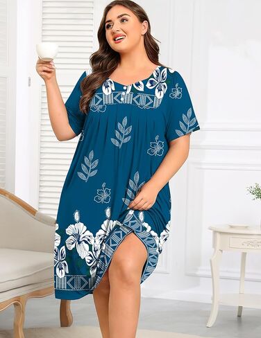 SWOMOG Women Plus Size House Dress Floral Print Nightgown for Women Button Sleepwear Mumu Dress with Pockets 18W-26W in Kuwait