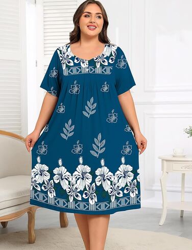SWOMOG Women Plus Size House Dress Floral Print Nightgown for Women Button Sleepwear Mumu Dress with Pockets 18W-26W in Kuwait