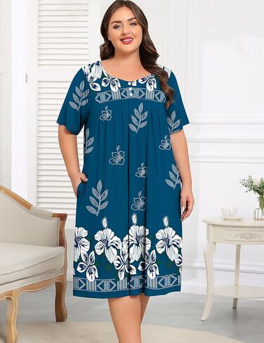 SWOMOG Women Plus Size House Dress Floral Print Nightgown for Women Button Sleepwear Mumu Dress with Pockets 18W-26W in Kuwait