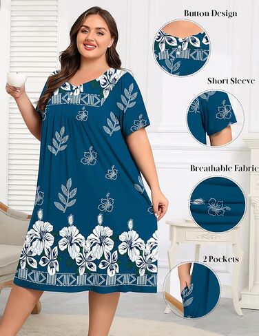 SWOMOG Women Plus Size House Dress Floral Print Nightgown for Women Button Sleepwear Mumu Dress with Pockets 18W-26W in Kuwait