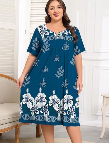 SWOMOG Women Plus Size House Dress Floral Print Nightgown for Women Button Sleepwear Mumu Dress with Pockets 18W-26W in Kuwait
