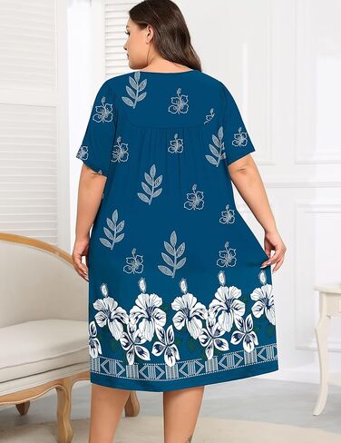 SWOMOG Women Plus Size House Dress Floral Print Nightgown for Women Button Sleepwear Mumu Dress with Pockets 18W-26W in Kuwait