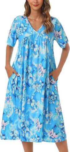 Womens House Dress Short Sleeve Floral Print Nightgown with Pockets Mumu Dresses in Saudi Arabia