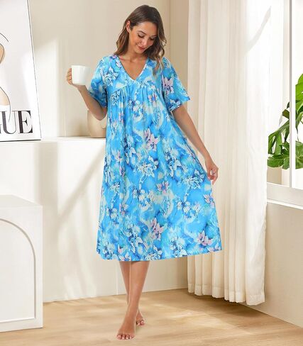 Womens House Dress Short Sleeve Floral Print Nightgown with Pockets Mumu Dresses in Saudi Arabia