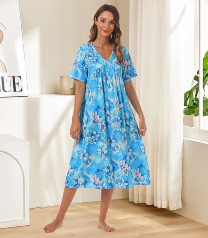Womens House Dress Short Sleeve Floral Print Nightgown with Pockets Mumu Dresses in Saudi Arabia