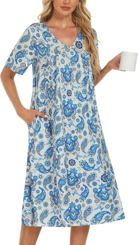 Womens House Dress Short Sleeve Floral Print Nightgown with Pockets Mumu Dresses in Saudi Arabia