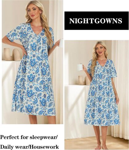 Womens House Dress Short Sleeve Floral Print Nightgown with Pockets Mumu Dresses in Saudi Arabia