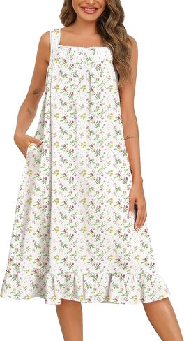 SWOMOG Cotton Nightgowns for Women Sleeveless Button Down Night Gown Soft Victorian Nightdress House Dress with Pockets in Saudi Arabia