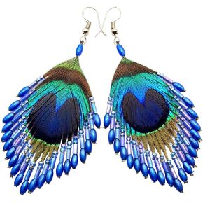 Iridescent Peacock Feather Earrings, Hand Beaded Blue Color Beads Peacock Earrings for Women, Handmade Dangle Drop Feather Earrings Fashion Jewelry DA138-A