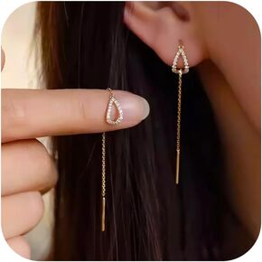 FUNYCEHN S925 Sterling Silver Threader Earrings for Women Dainty Long Chain Ear Line with Cubic Zirconia Elegant Dangle Tassel Earrings Heart Earring Wedding Jewelry Christmas Graduation Gifts for Her