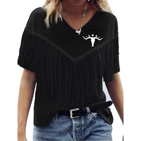 Western Vintage Shirt Cowgirl Outfit: Women Fringe Graphic Tees Rodeo Short Sleeve Tshirt Summer Vacation V Neck Tops