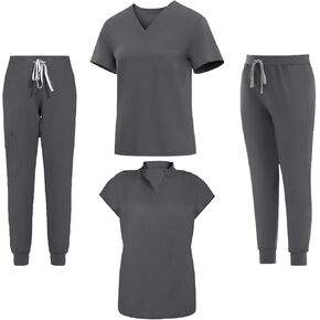 Scrubs for Women 2-Piece Set (V-Neck Knit + Stand Collar Uniform) | Multi-Pocket, Breathable & Stretchy Fabric | Available in Sizes M & Colors Dark Grey for Nurses, Doctors & Healt