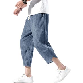 INVACHI Men's Casual Elastic Waist Linen Capri Pants Wide Leg Baggy Cotton Harem Yoga Trousers