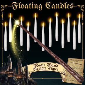 NURADA Floating Candles with Wand Remote Timer - Magic LED Hanging Flameless Taper Candles Flickering Battery Operated for Birthday Theme Party Holiday Home Window Decor - Black 12 Pack