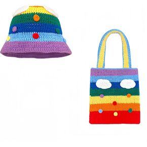 Crochet Bucket Hat and Bag Set for Women, Rainbow Cloud Knit Hat & Tote, Beach Hat, Trendy Knit Hats for Women, Y2K Beanie Set for Travel