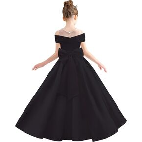 Satin Flower Girl Dress for Wedding Beaded Solid Pageant Dress for Girls Long Ball Gown Dress with Bow
