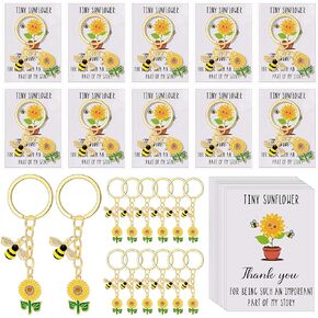 Sureio 12 Set End of Year Gifts Bulk Sunflower Keychain Gifts with Bee Thank You Cards and Bags Employee Nurse Coworker Teacher Cna Summer Baby Shower Party Favor