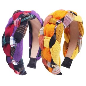 Candygirl 2 Pcs Wide Headbands for Women Girls Plaid Padded Headband Non-slip Hairband Handmade Weave Vintage Fashion Hair Accessories
