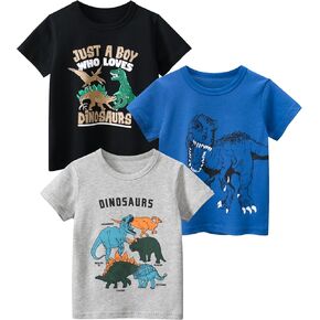 GFQLONG 3 Pack Toddler Boy Graphic Dorts ، Dinosaur Short Sleeve Cotton Tshirt ، Kids Summer Cars Tees Top Closed