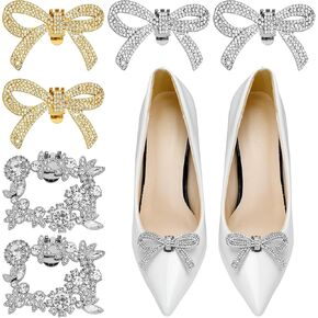 3 Pairs Rhinestone Shoe Clips Bow Shoe Buckle Classic Detachable Bow Heels Accessories Shoe Decoration Fashion Bridal Wedding Shoe Charms, 2 Style (Silver+Gold)