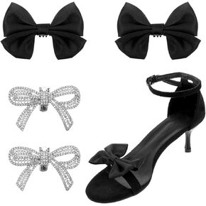 4 PCS Shoe Bows Clips, Detachable Rhinestone Crystal Charms for Women’s Heels Elegant Evening Prom Accessories for Wedding Bridal Party, and Daily Wear in Black and Silver