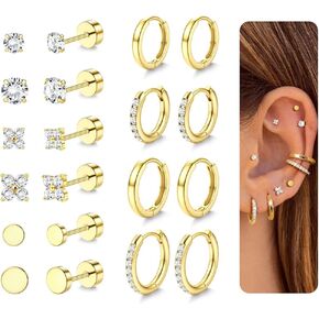 YADOCA Hypoallergenic Surgical Steel Earrings 14K Gold Flat Back Earrings for Women Trendy 316L Stainless Steel Flatback Stud Earring Sets for Multiple Piercing Small Cartilage Hoop Earring Stacks