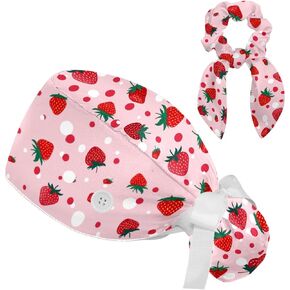 Scrub Caps Women, Adjustable Skull Cap with Ponytail Pouch, Sweatband Working Hat with Bow Hair Scrunchy, Strawberries on a Pink Background
