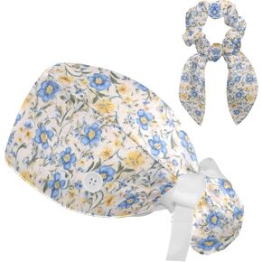 Scrub Caps Women with Button,Adjustable Surgical Caps with Ponytail Pouch,Blue Flower and Yellow Floral Working Cap with Bow