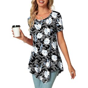 POPYOUNG Womens Summer Short Sleeve Tunic Asymmetrical Tops Casual Swing Blouse Shirts