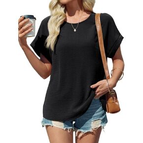 Tankaneo Womens Summer Blouse Short Sleeve Dressy Casual Loose Fit T-Shirts Oversized Crewneck Tunic Tops
