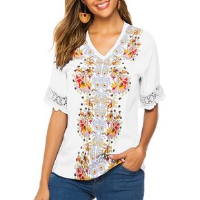 Higustar Bohemian Tops Tops for Women Mexican Style Virts v Neck Boho Summer Summer Sleeve Peasant Tunic Blouse
