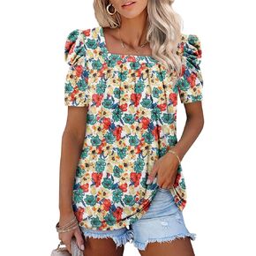 CRAZY GRID Womens Trendy Summer Tops Puff Sleeve Loose Fit Shirts Dressy Casual Blouses
