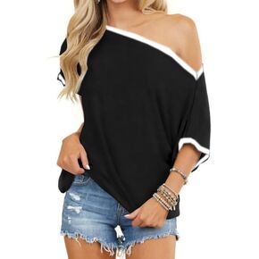 BONITEE Womens Off The Shoulder Shirt Boat Neck Oversized Tshirts Short Sleeve Tops 2025 Summer Casual Loose Clothes Tunic