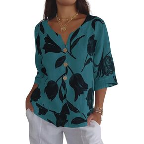 Womens 3/4 Length Sleeve Tops Dressy Casual V Neck Boho Floral Print Summer Blouses Shirts in Saudi Arabia