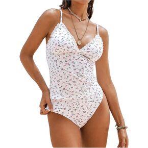 Makemechic Women's Tankini يضع Ditsy Ploral Print Lace Trim Rib Beach Swimsuit