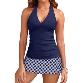 Blue Geometry Women Tankini مع تنورة - 2 قطعة للسباحة البطن تحكم بدلات الاستحمام HALTER V الرقبة السباحة 2025 م