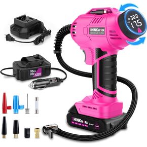 Tire Inflator Portable Air Compressor, Pink Cordless Car Tire Pump with 20V Rechargeable Battery, 12V Car Power Adapter, 150 PSI Handheld Air Pump for Motorcycle, and Bike, Gift for Women