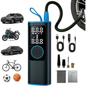 Portable Smart Tire Inflator, 150 PSI, 6000mAh Battery, LED Light, Black and Blue