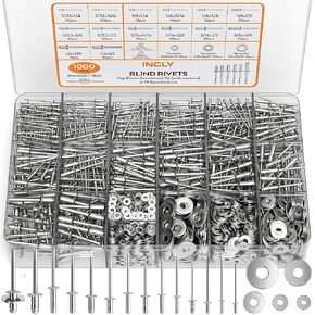 INCLY 1000PCS Aluminum Pop Rivets Assortment Kit, 14 Sizes Pop Rivets (3/32" 1/8" 5/32" 3/16" 1/4") with 5 Size 304 Stainless Steel Backup Washers, Assorted Blind Rivets for Metal with Storage Case