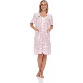 Women's Zipper Front Closure House Dress Short Sleeve Woven Housecoat Duster Lounger Robe