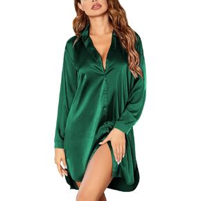 Ekouaer Womens Silk Satin Nightgown Button Down Sleepshirt Long Sleeve Sleepwear S-3XL