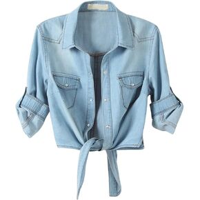 نساء 3/4 قميص التعادل الأمامي قميص الدنيم محصول Cardigan Jean Crop Top Chambray Knot Shirt
