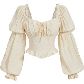 MakeMeChic Women's Renaissance Peasant Corset Tops Puff Long Sleeve Ruched Bust Ruffled Peplum Sweetheart Blouse