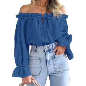 Imily Bela Womens Off The Shoulder Tops Puff Long Sleeve Tie Front Loose Fit Ruffle Shirts Blouses